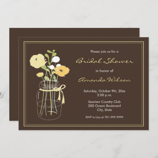 メーソンジャーブラウンおよび黄色いブライダルシャワーの招待 招待状 (正面/裏面)