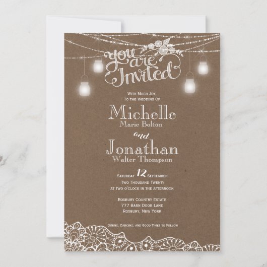 メーソンジャーライトレースの素朴な結婚式招待状 招待状 (正面)