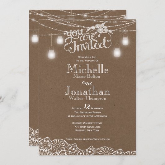 メーソンジャーライトレースの素朴な結婚式招待状 招待状 (正面/裏面)