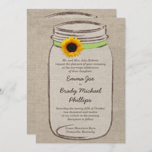 メーソンジャー及びヒマワリの結婚式招待状-緑 招待状 (正面/裏面)