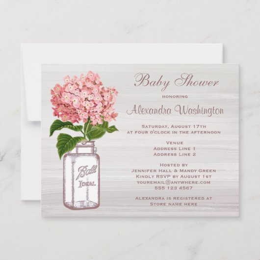 メーソンジャー及びピンクのアジサイの素朴なベビーシャワー 招待状 (裏面)