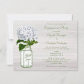 メーソンジャー及び白いアジサイのシックな灰色の婚約 招待状 (裏面)