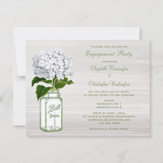 メーソンジャー及び白いアジサイのシックな灰色の婚約 招待状 (裏面)