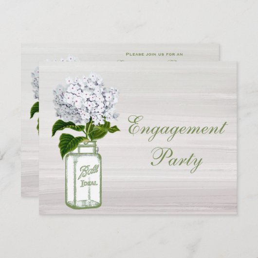 メーソンジャー及び白いアジサイのシックな灰色の婚約 招待状 (正面/裏面)