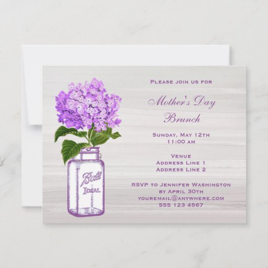 メーソンジャー及び紫色のアジサイの母の日のブランチ 招待状 (裏面)
