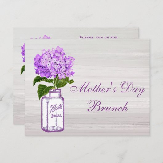 メーソンジャー及び紫色のアジサイの母の日のブランチ 招待状 (正面/裏面)