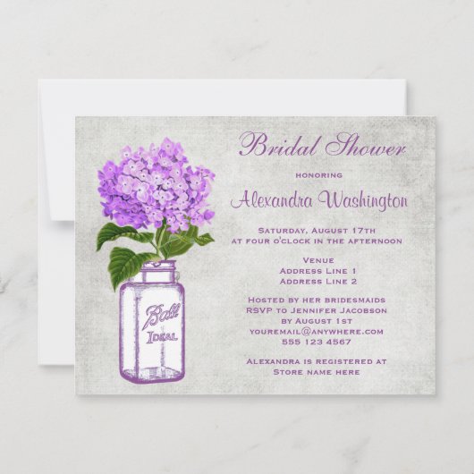メーソンジャー及び紫色のアジサイの灰色のブライダルシャワー 招待状 (裏面)