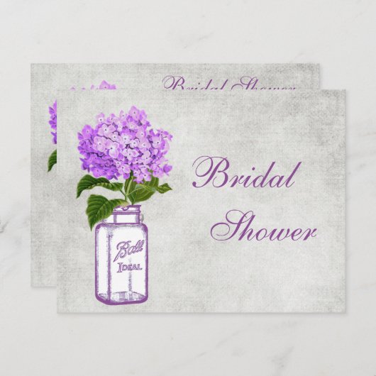 メーソンジャー及び紫色のアジサイの灰色のブライダルシャワー 招待状 (正面/裏面)