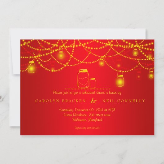 メーソンジャー|のきらめくなライト赤いリハーサルの夕食 招待状 (正面)