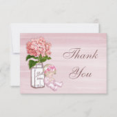 メーソンジャー、女の赤ちゃんは、ピンクのアジサイ感謝していしています サンキューカード (正面)