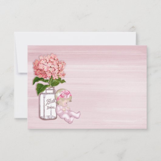 メーソンジャー、女の赤ちゃんは、ピンクのアジサイ感謝していしています サンキューカード (裏面)