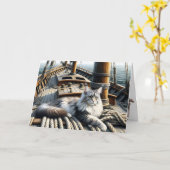 メーヌクーンキャットオンザシップ誕生日 カード (黄色い花)