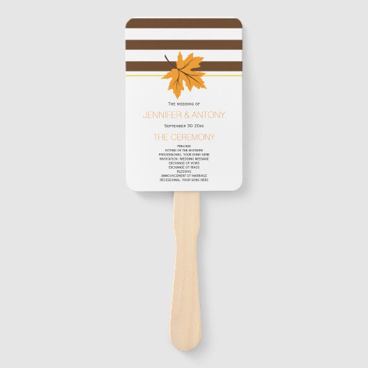 メープルエレガントリーフ，ストライプ秋の結婚式プログラム ハンドファン (正面)