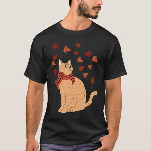 メープルキャットリーフ秋ハローオータムおもしろい猫 Tシャツ (正面)