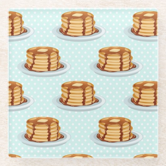 メープルシロップと水玉模様模様のパンケーキ ガラスコースター (正面)