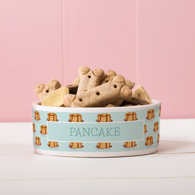 メープルシロップと水玉模様模様のパンケーキ ボウル (Pancake Pattern Dog Bowl with Custom Name & custom background colour)