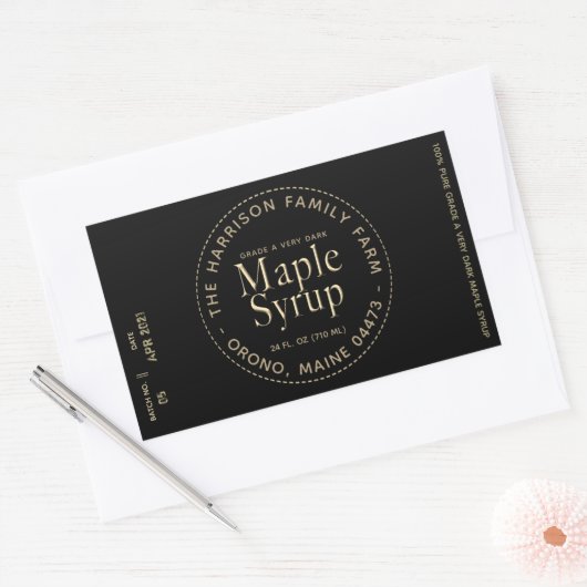 メープルシロップのラベル黒と金ゴールド（バッチと日付） 長方形シール (封筒)