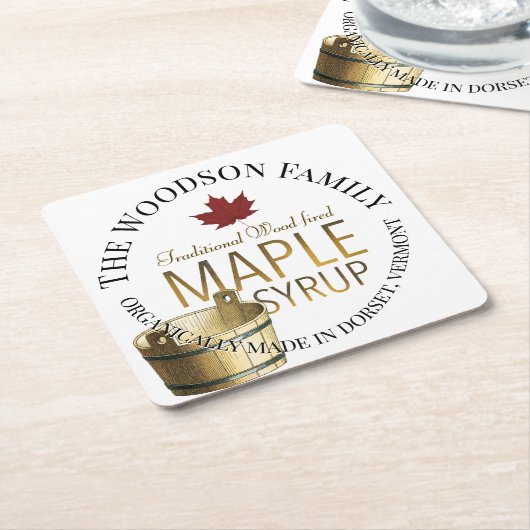 メープルシロップオーガニックコースタープロモーション金ゴールドバケツ スクエアペーパーコースター (アングル)