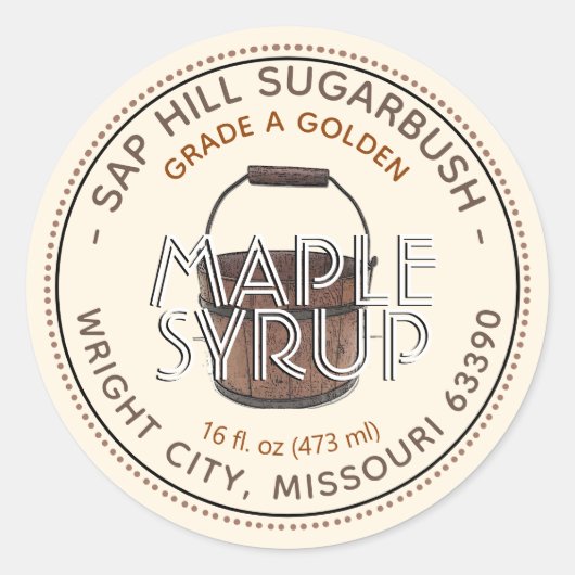 メープルシロップSapバケット編集可能な製品ラベル ラウンドシール (正面)