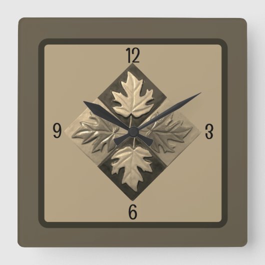 メープルセピア葉付き四角壁クロック スクエア壁時計 (正面)