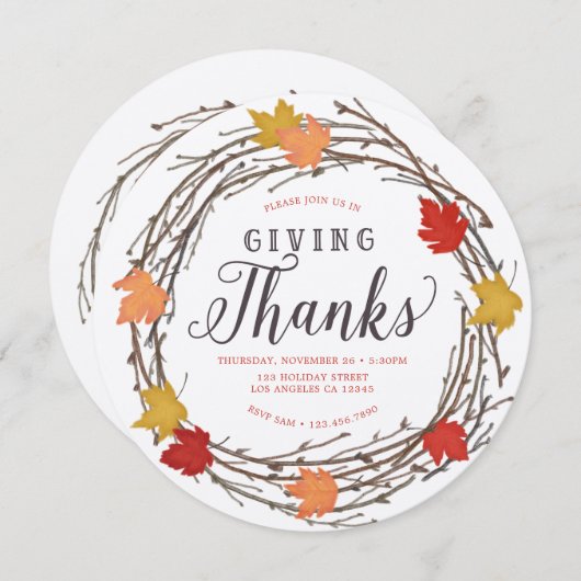メープルリース感謝祭ディナー招待状 招待状 (正面/裏面)