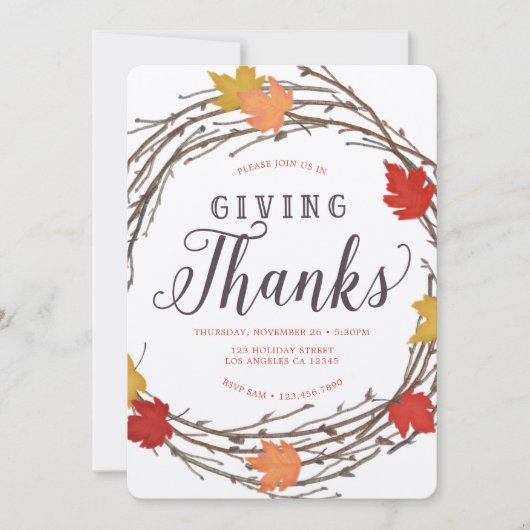 メープルリース感謝祭ディナー招待状 招待状 (正面)