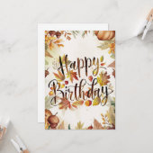 メープルリーフかわいらし秋秋ハッピーバースデー カード (正面/裏面インサイチュ)