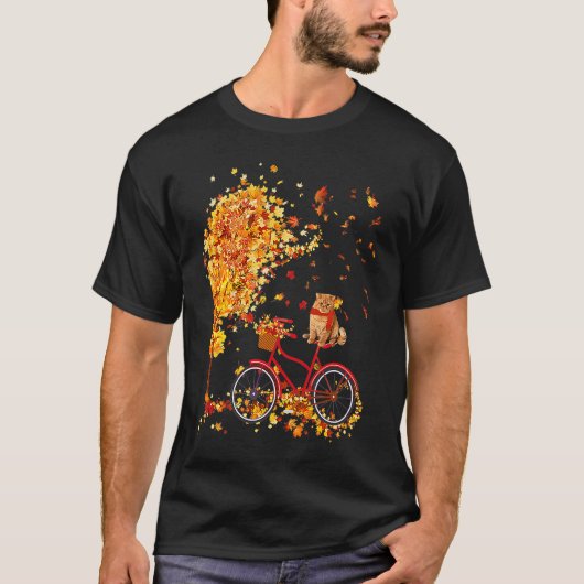 メープルリーフの秋 可愛い猫の自転車 イッツフォールヤー Tシャツ (正面)