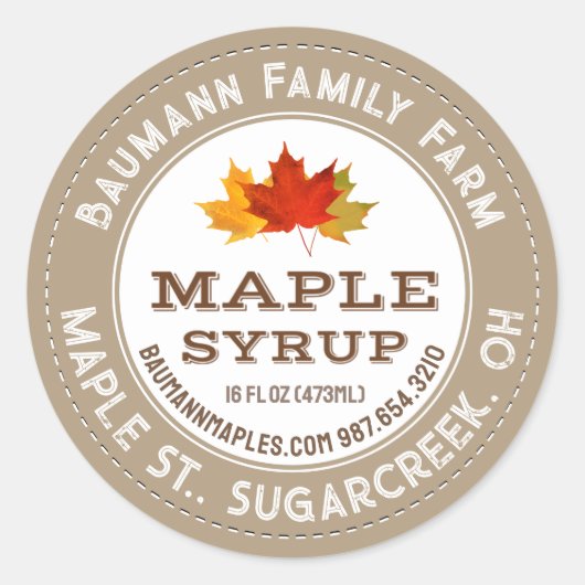 メープル素朴シロップラベルカラフルメープル葉 ラウンドシール (正面)
