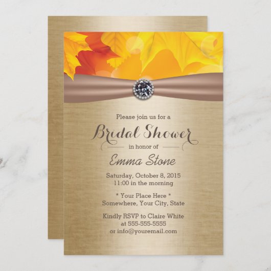 メープル葉エレガント金ゴールド秋ブライダルシャワー 招待状 (正面/裏面)