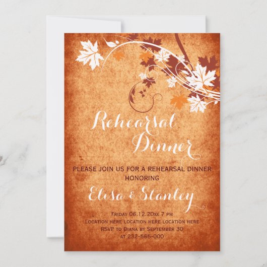 メープル葉オレンジ秋の結婚式リハーサルディナー 招待状 (正面)
