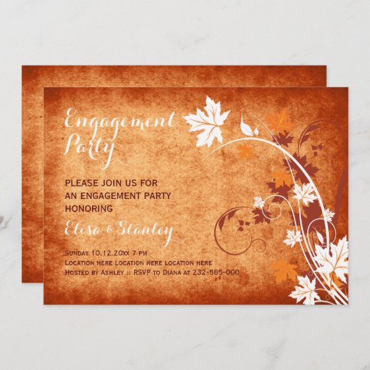 メープル葉オレンジ秋の結婚式婚約パーティ 招待状 (正面/裏面)