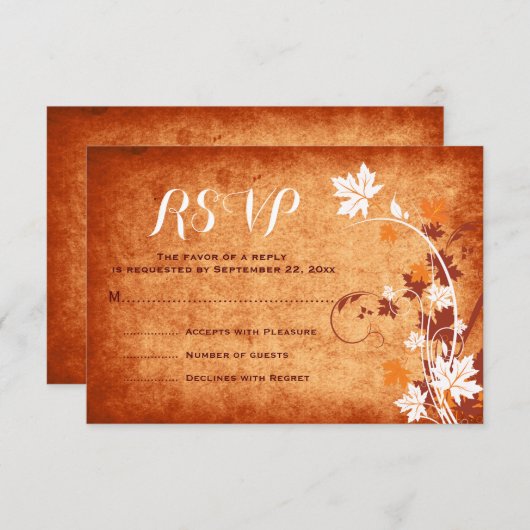 メープル葉オレンジ色の秋の結婚式RSVP応答 出欠カード (正面/裏面)