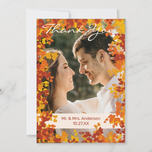メープル葉オレンジ&テラコッタ秋結婚の サンキューカード (正面)
