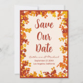 メープル葉オレンジ&テラコッタ秋結婚の セーブザデート (正面)