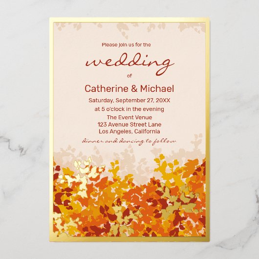メープル葉オレンジ&テラコッタ秋結婚の 箔招待状 (正面)