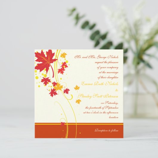 メープル葉ズの赤い結婚黄色のカスタム招待 招待状 (スタンド正面)