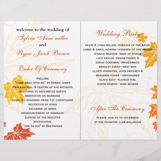 メープル葉素朴秋バイフォールド結婚式 プログラム (裏面)