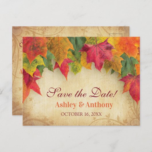 メープル離れの結婚秋秋の日付を保存 案内ポストカード (正面/裏面)