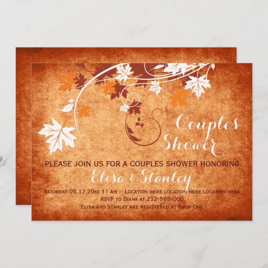 メープル離れオレンジ秋の結婚式カップルのシャワー 招待状 (正面/裏面)