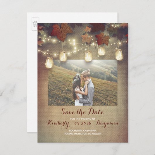 メープル離れス・メイソン・ジャース秋写真Save the Date 案内ポストカード (正面/裏面)