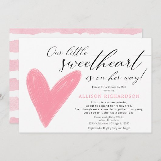 メールでシャワーモダンヴァレンティーンズピンクの白い女の子 招待状 (正面/裏面)