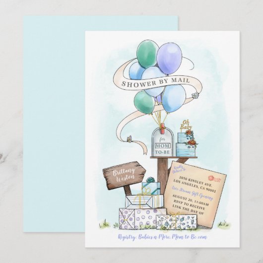 メールでシャワー仮想ベビーシャワバルーンのメールボックス 招待状 (正面/裏面)