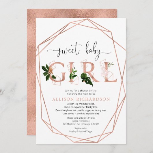 メールでシャワー甘いベビーガールバラ金ゴールド緑 招待状 (正面/裏面)