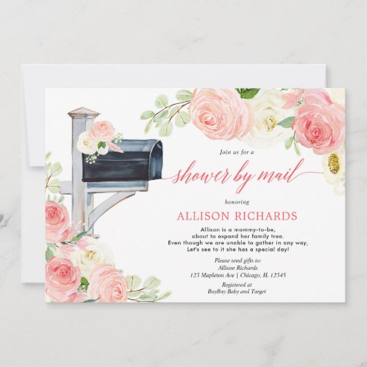 メールでシャワー赤面ピンクフローラ女の子ベビースシャワー 招待状 (正面)