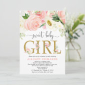 メールでシャワー赤面ピンク金ゴールド女の子ベビースシャワー 招待状 (スタンド正面)