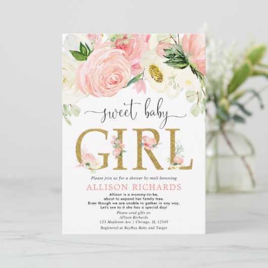 メールでシャワー赤面ピンク金ゴールド女の子ベビースシャワー 招待状 (スタンド正面)
