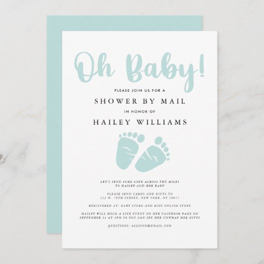 メールでシャワー | オベビーミントグリーンベビー足 招待状 (正面/裏面)