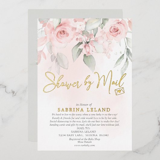 メールでシャワー ヴィンテージ ブラッシュ ピンク ローズ 箔招待状 (正面/裏面)