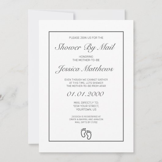 メールでベビーシャワーモダンミニマリストホワイトブラック 招待状 (正面)